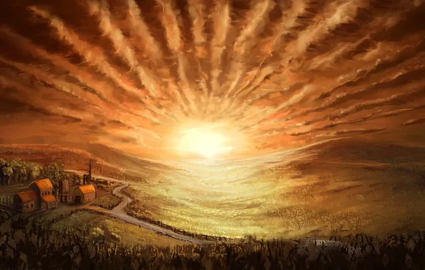 Field, forest, the sky, the sun, landscape, art, track, house