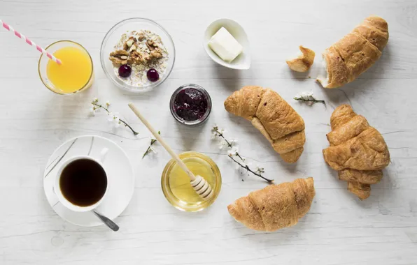 Coffee, juice, honey, food, Coffee, jam, buns, breakfast
