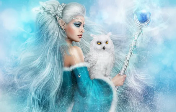 Picture winter, girl, owl, hair, fantasy, staff, Volshebnitsa