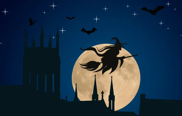 Picture vector, Halloween, moon, hat, night, stars, bats, silhouette