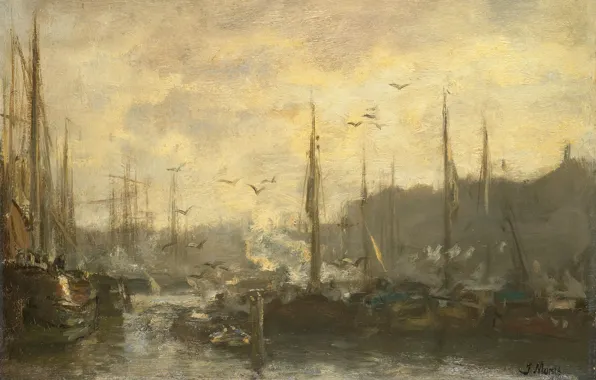 The city, oil, picture, canvas, Jacob Maris Hendrikus, A view of the Harbour