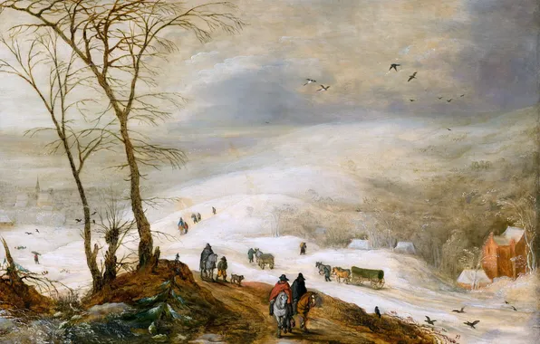 Winter, Snow, People, Picture, Horse, Jan Brueghel The Elder, Dutch artist, Winter landscape with figures