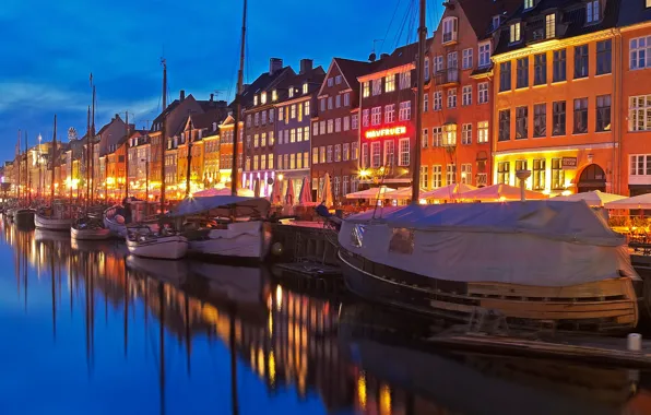 Sea, night, lights, boat, ship, home, Denmark, promenade
