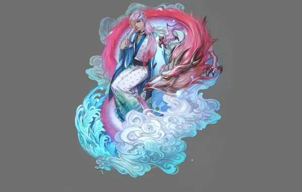 Dragon, art, guy, grey background, Onmyoji