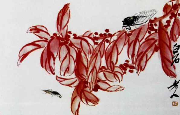 Berries, fly, red leaves, Chinese painting, Keep qi-xi