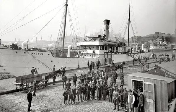 Retro, ship, pier, port, steamer, USA, 1902-the year