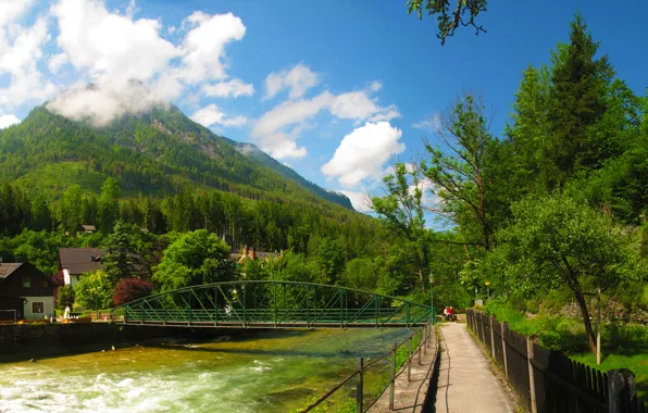 Picture forest, clouds, trees, mountains, bridge, river, home, Austria