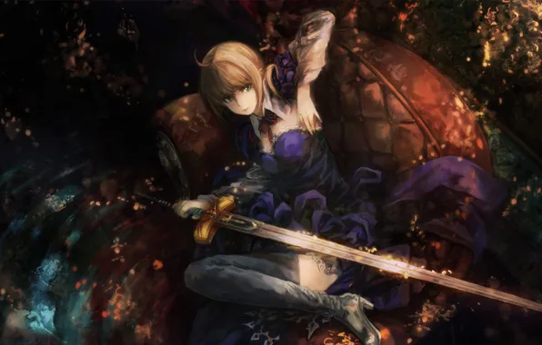 Girl, sword, chair, anime, art, blonde, lies, painting