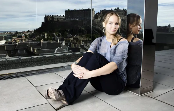 Picture girl, the city, reflection, actress, blonde, Jennifer Lawrence, the hunger games, celebrity
