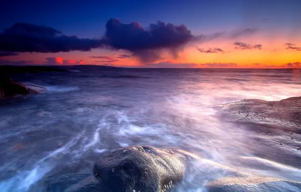 Picture sea, the sky, clouds, stones, dawn, horizon, scotland
