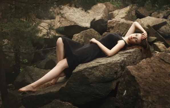 Picture forest, look, girl, nature, face, pose, stones, mood