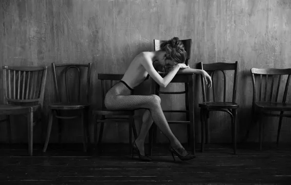 Girl, pose, wall, Board, chairs, shoes, floor, tights