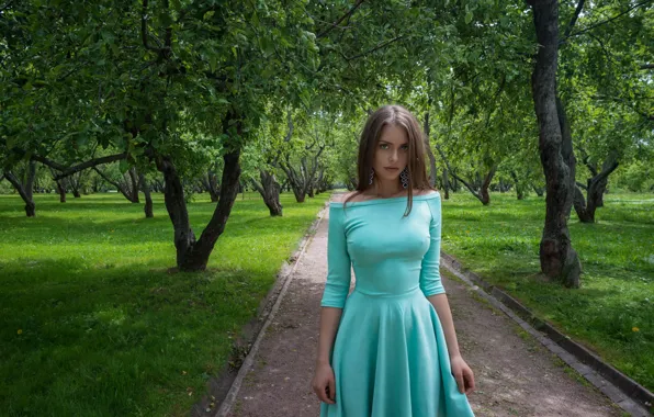 Look, girl, trees, nature, Park, figure, dress, Eugene Balin