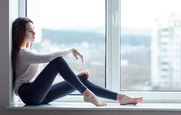 Picture Girl, Eyes, Jeans, Window, Sight, Windowsill