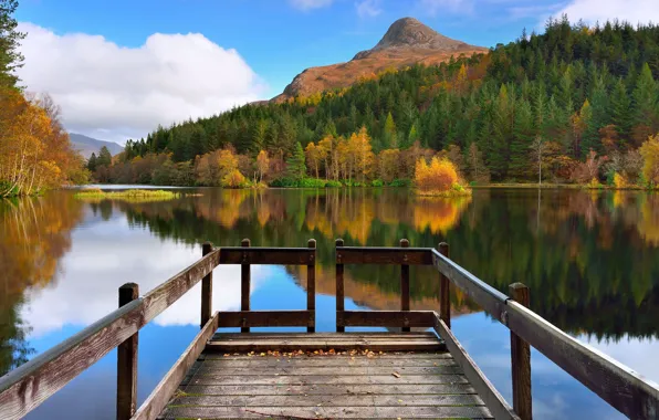 Autumn, forest, clouds, trees, mountains, river, pier, Scotland