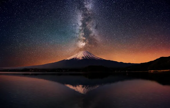 Japan, Mount Fuji, landscape, nature, water, mountains, lake, stars