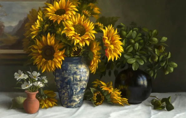 Sunflowers, flowers, table, picture, still life, tablecloth, vases