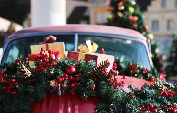 Winter, machine, balls, branches, red, the city, berries, holiday