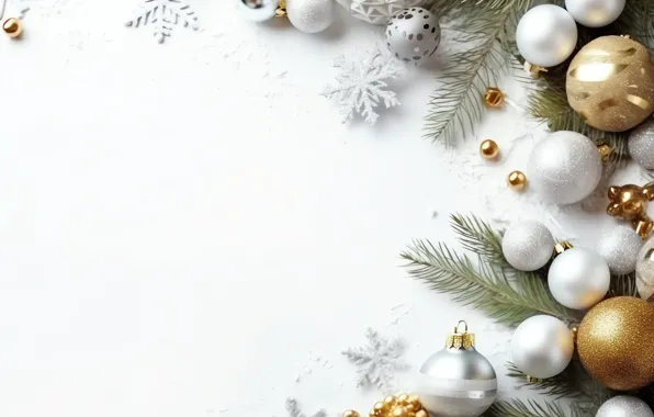Balls, branches, silver, Christmas, white background, New year, needles, light background