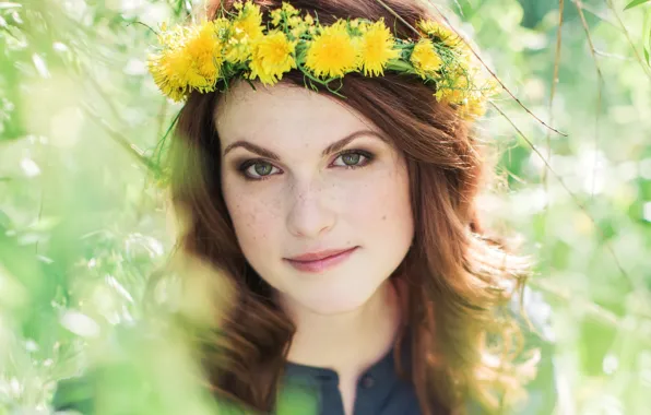 Look, girl, dandelion, portrait, freckles, wreath