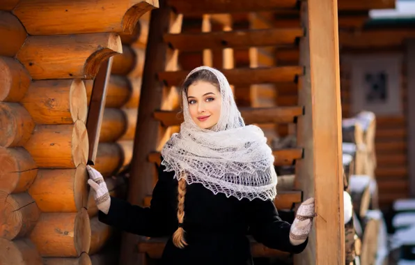 Picture winter, girl, house, braid, shawl, logs, frame, Olga Boyko