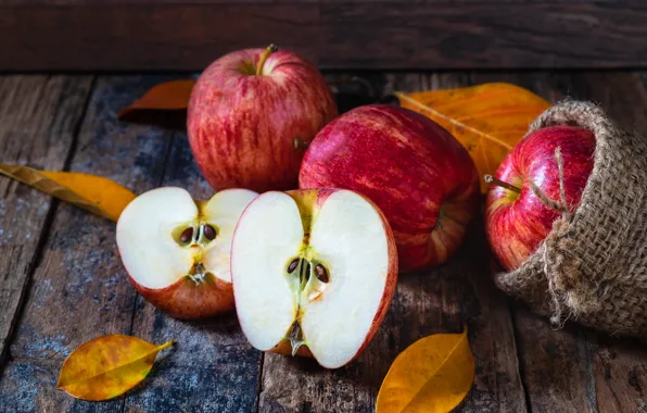 Autumn, leaves, apples, wood, autumn, leaves, fruits, autumn