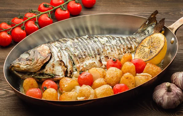 Picture lemon, fish, tomatoes, potatoes