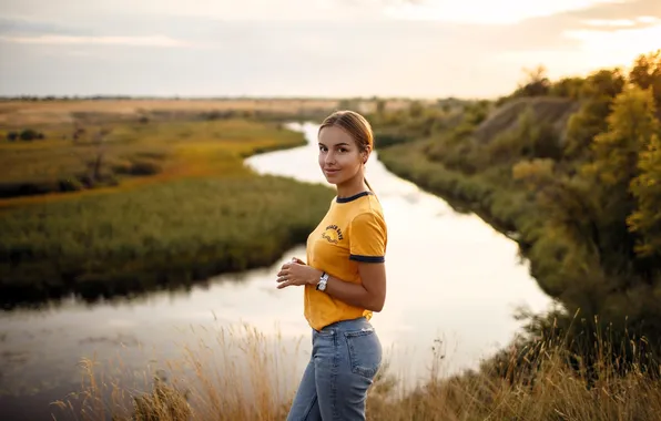 Trees, nature, river, jeans, t-shirt, brown hair, grove, meadows