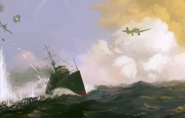 Sea, attack, figure, ship, explosions, battle, art, aircraft