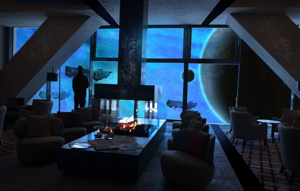Space, fire, interior, ships, chairs, fireplace, space station