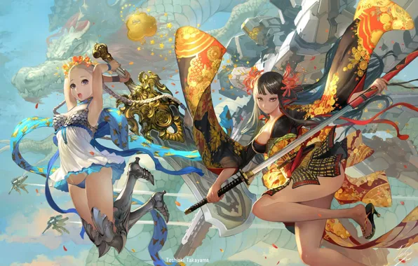 Sword, fantasy, weapon, girls, anime, blue eyes, katana, dragon