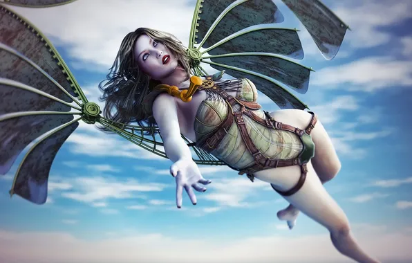 Girl, mechanism, wings, art, in the sky