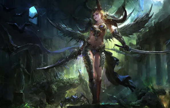 Girl, weapons, spider, sword, fantasy, art, monsters, bats