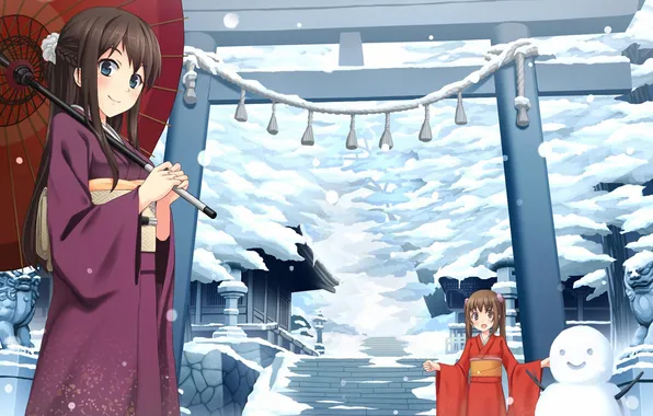 Winter, girls, umbrella, art, temple, snowman, yumemizuki