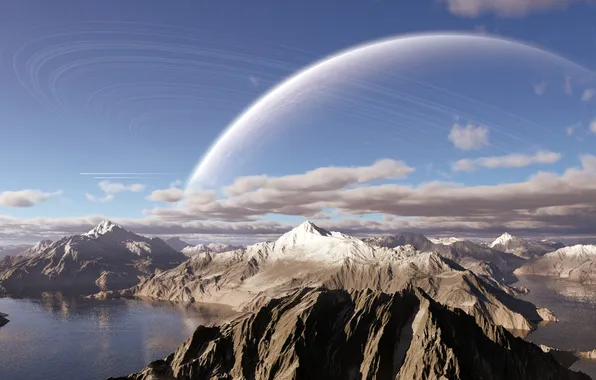 Picture clouds, mountains, lake, planet, ring