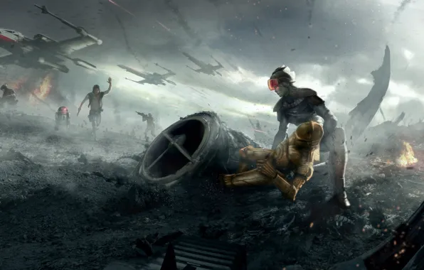 War, star wars, art, R2-D2, X-wing, C-3PO, han solo