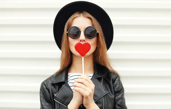 Girl, heart, glasses, jacket, Lollipop, candy