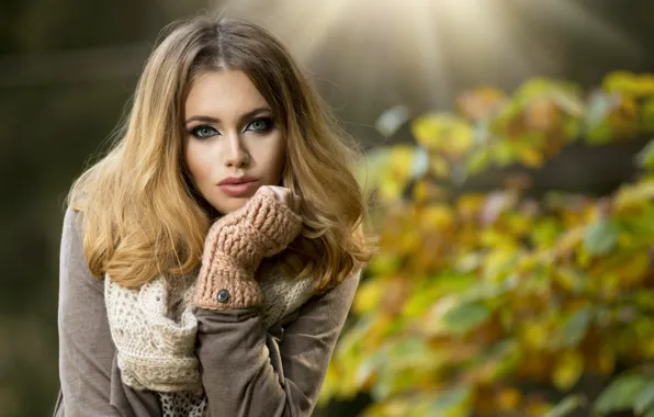 Autumn, girl, rays, makeup, brown hair, coat, mitts