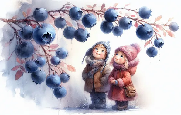 Look, children, berries, branch, boy, blueberries, girl, a couple