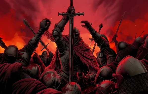Picture sword, the battle, knight, the middle ages, blood, red coat, a bloody mist, бойня