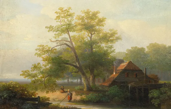Picture landscape, oil, picture, Louis Henry Abrahams, Watermill in a Wooded Area, Of Lodewijk Hendrik Arends, …