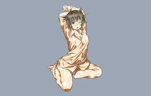 Minimalism, morning, pajamas, blue background, short hair, violet eyes, woke up