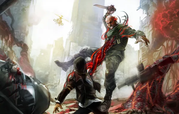 The city, Prototype, knife, helicopter, ruins, corpses, brighter, mercer
