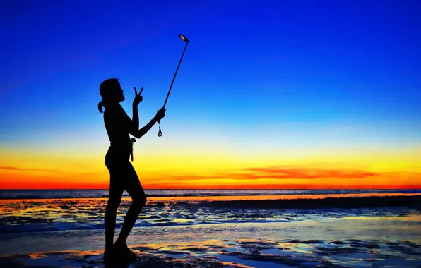 Sea, beach, sunset, silhouette, Selfie