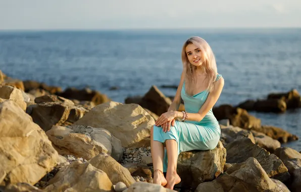 Sea, girl, decoration, nature, stones, barefoot, dress, blonde