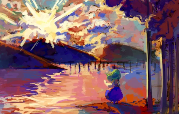 Hills, green hair, sunrise, Kochi Have Done The Art, Touhou Project, Project East, the shore …