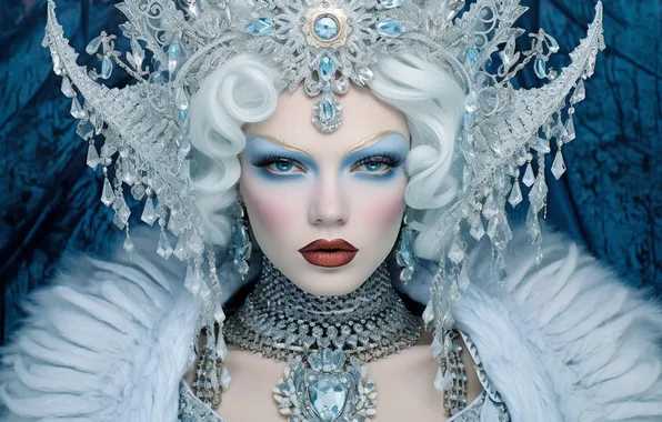 Winter, girl, snow, decoration, necklace, crown, makeup, fantasy