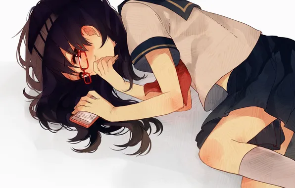 Girl, anime, art, glasses, phone, form, schoolgirl, ko Suzuki