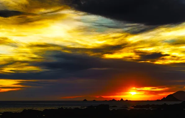 Sea, the sky, the sun, clouds, sunset, mountains, clouds, stones