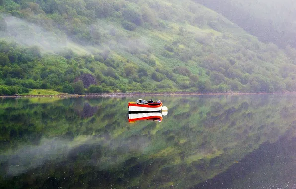Picture mountains, fog, lake, reflection, boat, mirror